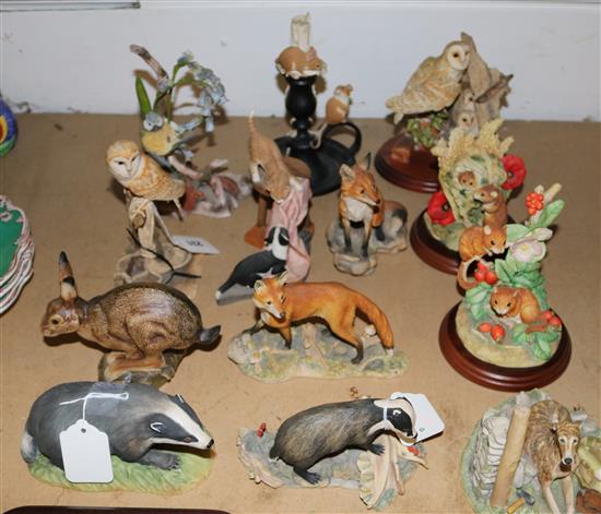 Various Border Fine Arts models, owls, lurcher, foxes, badger etc, Aynsley badger & 4 other animal models etc